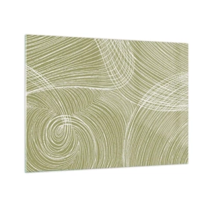 Schilderen op glas - Witte lijnen vormen een complexe structuur tegen een olijfgroene achtergrond. - 70x50cm - Ingewikkelde abstractie in wit - Moderne wanddecoratie voor woonkamer en slaapkamer ARTTOR