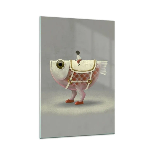 Schilderen op glas - Ruiter op een surrealistische vis - 80x120 cm