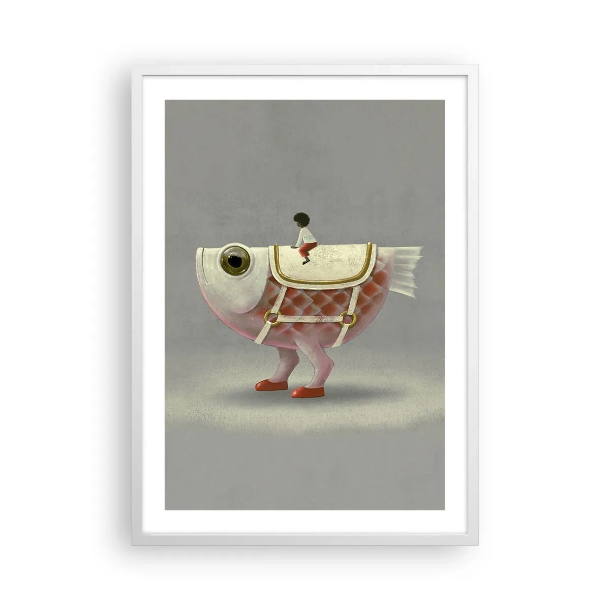 Poster in een witte lijst - Ruiter op een surrealistische vis - 50x70 cm