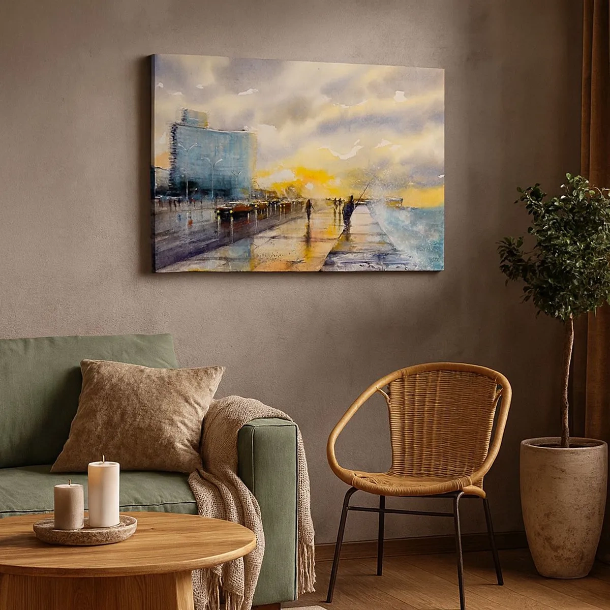 Schilderen op canvas - Een schilderachtig uitzicht op de boulevard bij zonsondergang - 70x50cm - Het leven aan de oever - Moderne wanddecoratie voor woonkamer en slaapkamer ARTTOR