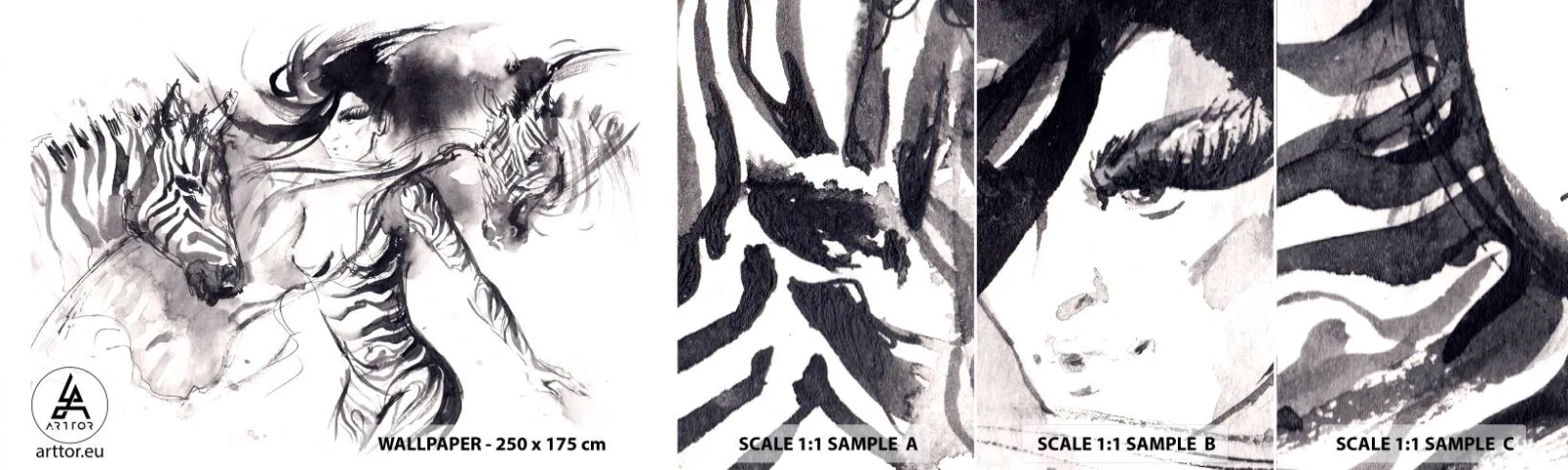 Fotobehang Staaltje Standard Eco - Dansend met de zebra's - Abstractie, Vrouw, Ribben - 100x30 cm