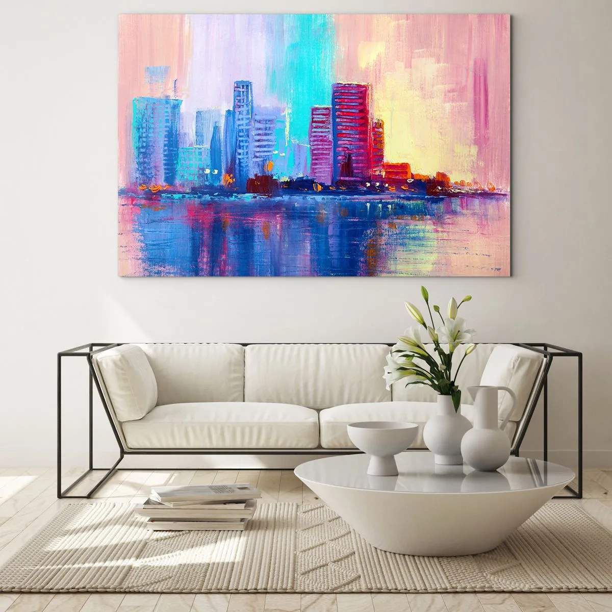 Schilderen op glas - Een moderne stad met intense kleuren weerspiegeld in het water - 70x50cm - Badend in kleuren - Moderne wanddecoratie voor woonkamer en slaapkamer ARTTOR