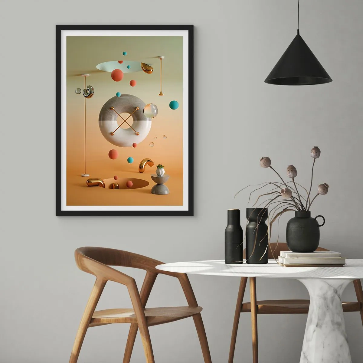 Poster in een zwarte lijst - Een abstracte compositie van geometrische vormen in warme kleuren. - 50x70cm - Er kan van alles gebeuren - Moderne wanddecoratie voor woonkamer en slaapkamer ARTTOR