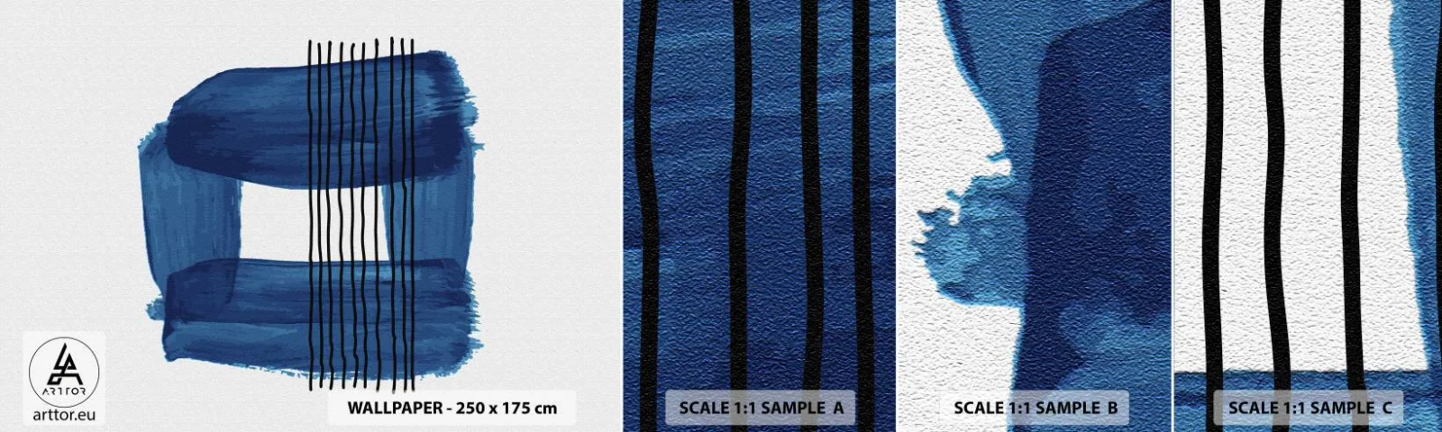 Fotobehang Monster Zelfklevend Deluxe Sticker - Blauwe en zwarte compositie - Abstractie, Deel, Moderne kunst - 100x30 cm