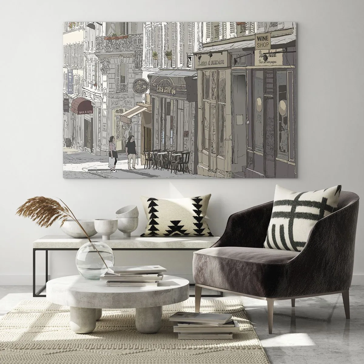 Schilderen op glas - Een straat met cafés in een artistieke, stedelijke stijl - 70x50cm - Stadsvreugde - Moderne wanddecoratie voor woonkamer en slaapkamer ARTTOR