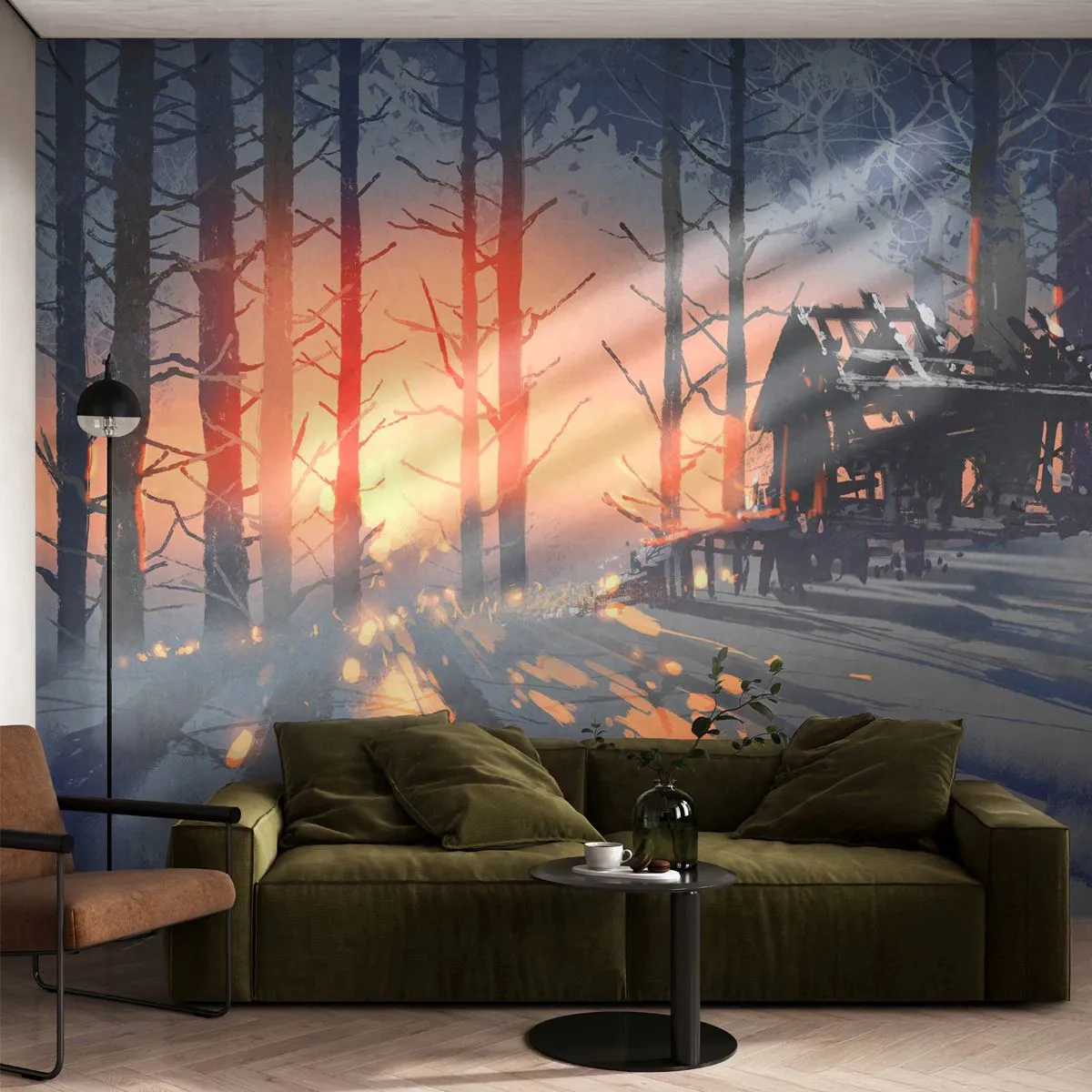 Fotobehang Premium Canvas - Alleen de zon kijkt hier naar binnen - Landschap, Boshuisje, Woud - 350x256 cm