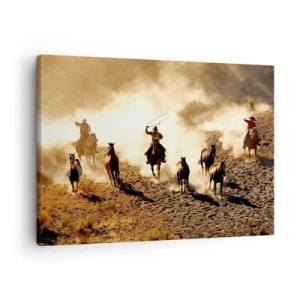 Schilderen op canvas - Cowboys te paard in actie in de woestijn - 70x50cm - Echt wilde Westen - Moderne wanddecoratie voor woonkamer en slaapkamer ARTTOR
