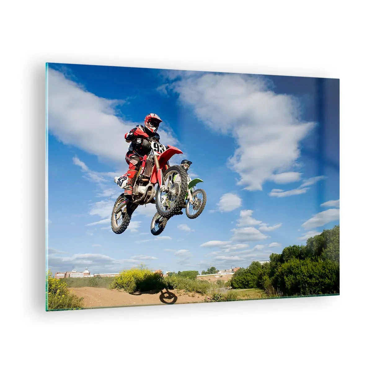 Schilderen op glas - Een motorcoureur in vlucht tegen een blauwe lucht - 70x50cm - Luchtsprong - Moderne wanddecoratie voor woonkamer en slaapkamer ARTTOR