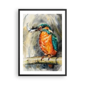 Poster in een zwarte lijst - Een waterleeuw die een vis vasthoudt tegen een natuurlijk landschap, geschilderd in aquarelstijl. - 50x70cm - Wet van de natuur - Moderne wanddecoratie voor woonkamer en slaapkamer ARTTOR