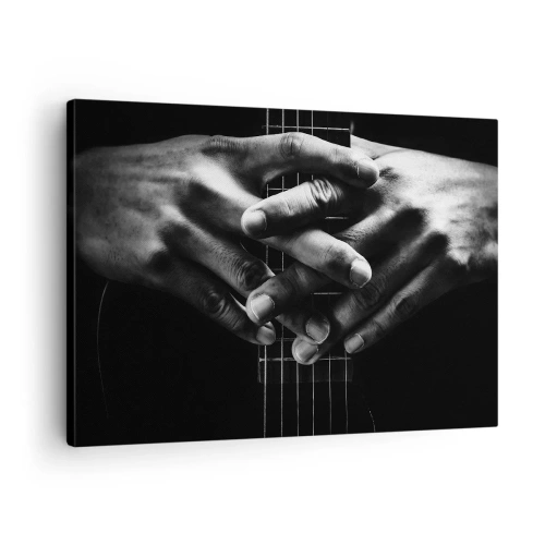 Schilderen op canvas - Handen gevouwen op een gitaar in een monochromatische toon - 70x50cm - Gebed van de kunstenaar - Moderne wanddecoratie voor woonkamer en slaapkamer ARTTOR