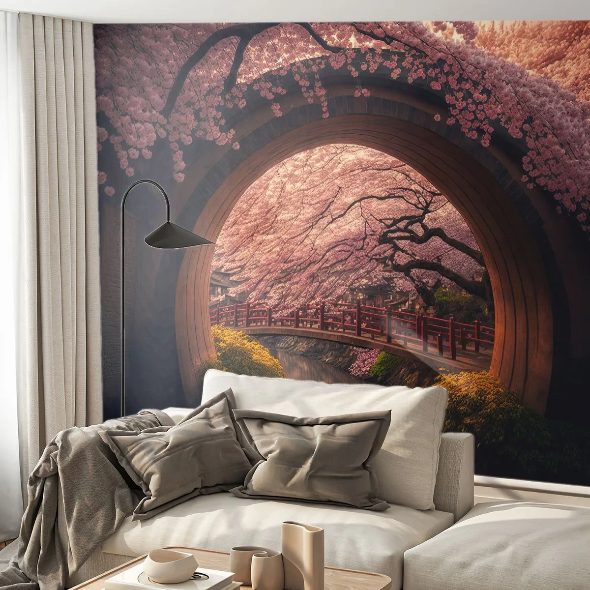 Fotobehang Premium Sand - Japanse lente - Brug, Japan, Japanse kers - 200x140 cm