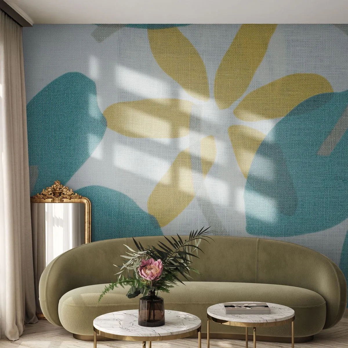 Zelfklevend Fotobehang Deluxe Sticker - Tussen de azuurblauwe bladeren - Boho, Bloemen, Minimalisme - 100x70 cm