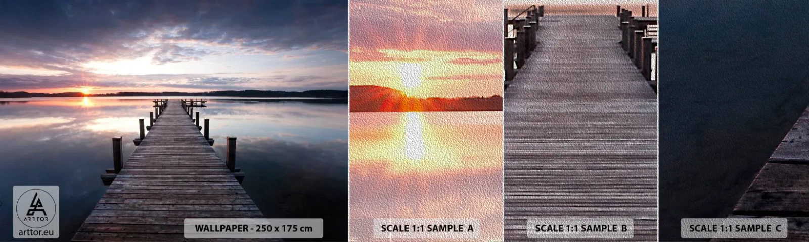 Fotobehang Monster Premium Sand - Een rustige grens tussen dag en nacht - Landschap, Meer, Zonsondergang - 100x30 cm