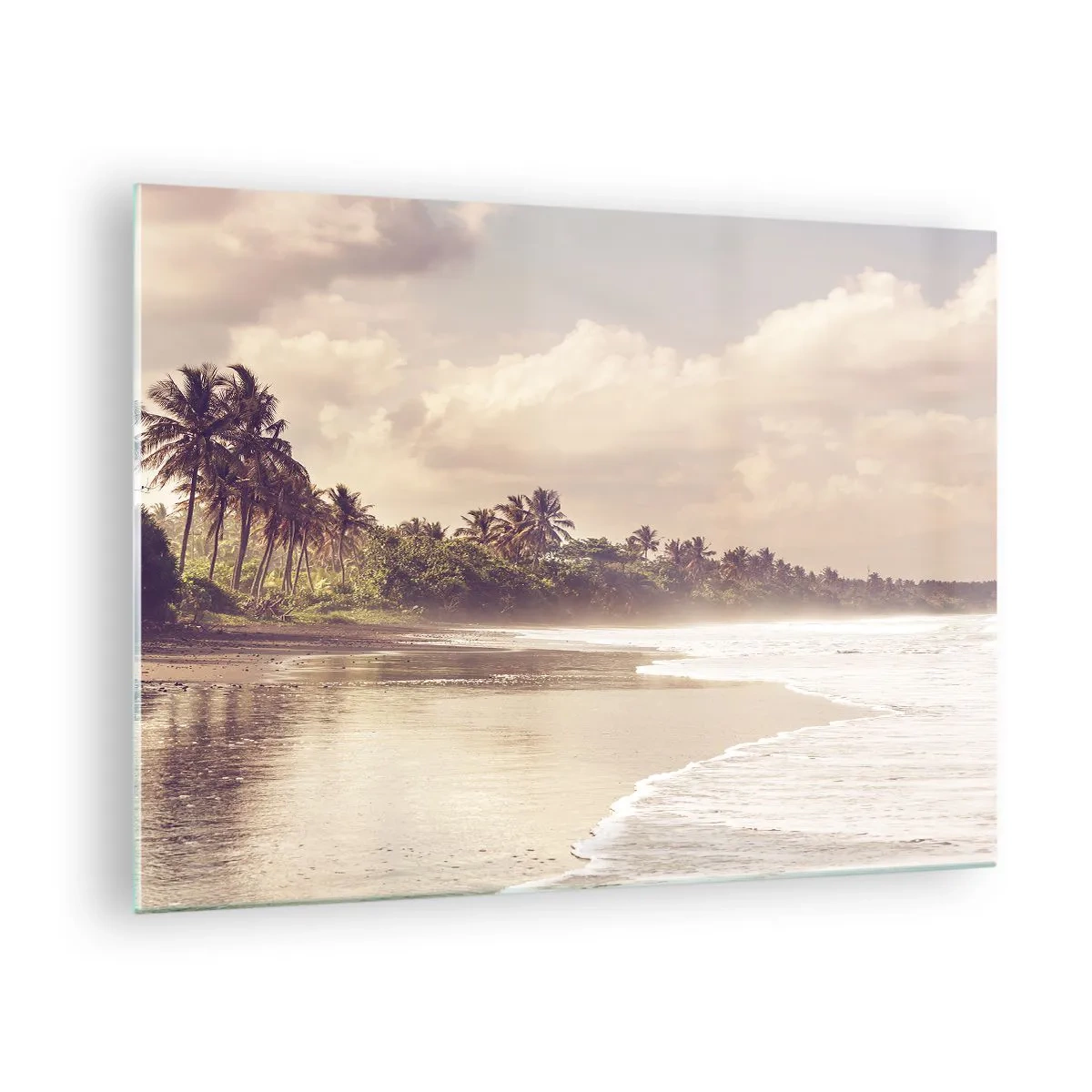 Schilderen op glas - Een goudkleurig strand met palmbomen en een kalme oceaan in het zachte licht - 70x50cm - De streling van de golven - Moderne wanddecoratie voor woonkamer en slaapkamer ARTTOR