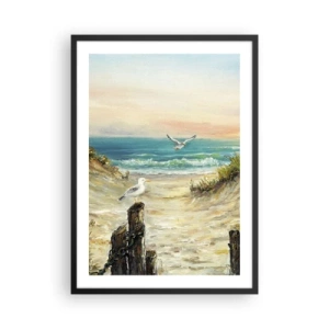 Poster in een zwarte lijst - Strand met meeuwen en golven bij zonsondergang - 50x70cm - Windstille afzondering - Moderne wanddecoratie voor woonkamer en slaapkamer ARTTOR