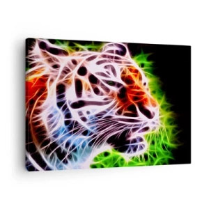 Schilderen op canvas - Kleurrijk artistiek portret van een tijger in neonstijl op een zwarte achtergrond. - 70x50cm - Vreselijke uitstraling - Moderne wanddecoratie voor woonkamer en slaapkamer ARTTOR