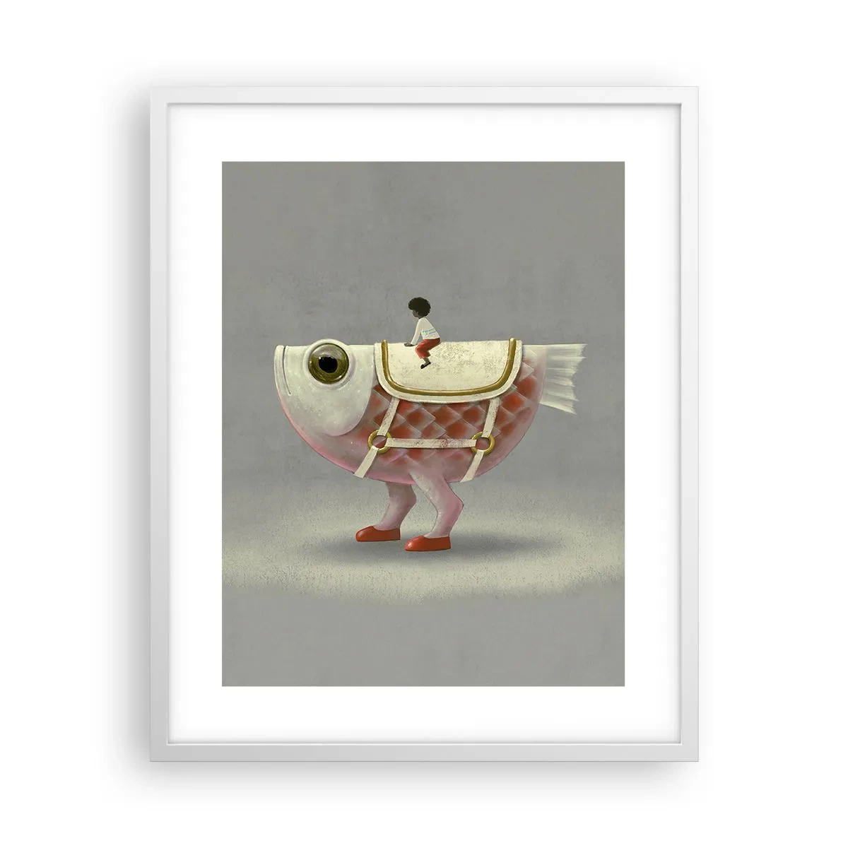 Poster in een witte lijst - Ruiter op een surrealistische vis - 40x50 cm