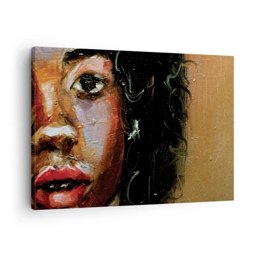 Schilderen op canvas - Expressief portret van een vrouw in intense kleuren. - 70x50cm - Zwart en gloed - Moderne wanddecoratie voor woonkamer en slaapkamer ARTTOR
