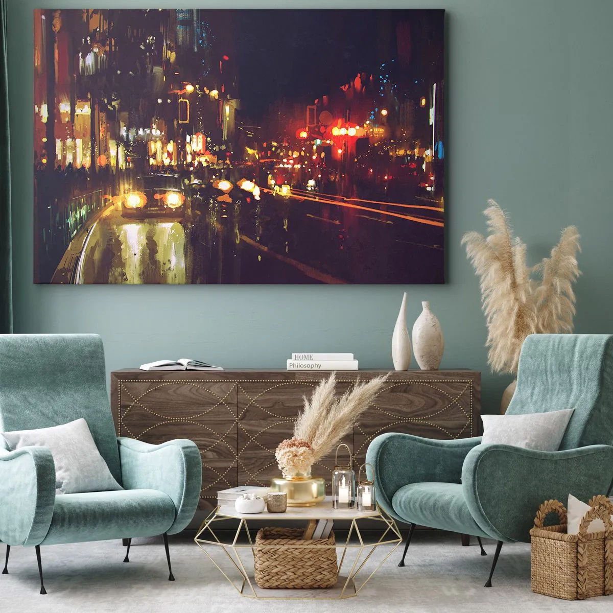 Schilderen op canvas - Nachtelijk stadsbeeld met kleurrijke lichten en straatreflecties - 70x50cm - Ondergedompeld in de lichten van de nacht - Moderne wanddecoratie voor woonkamer en slaapkamer ARTTOR