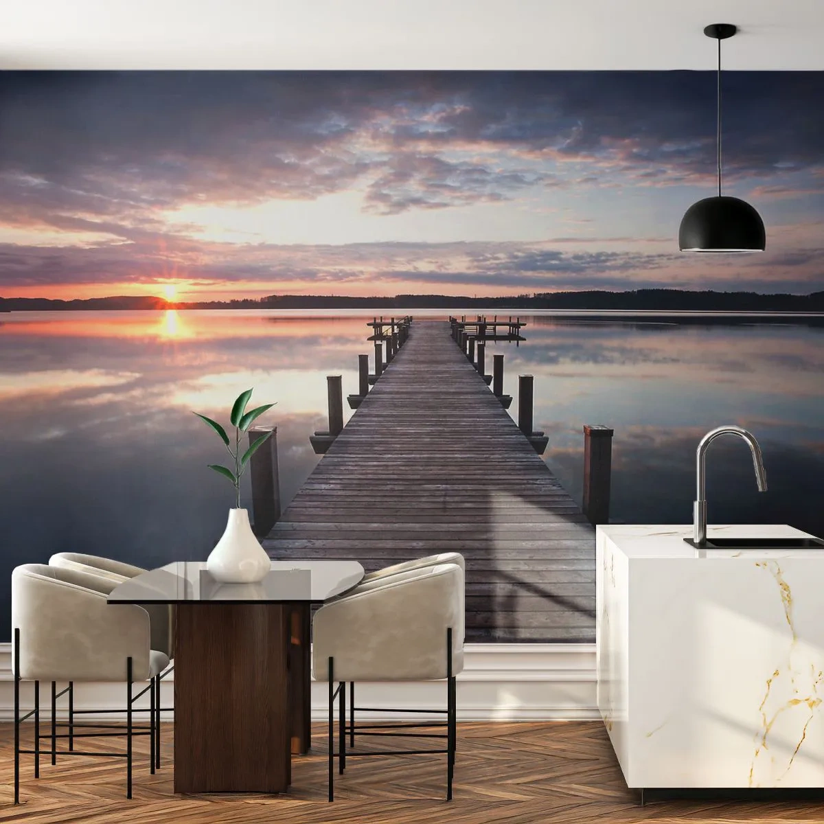Fotobehang Premium Sand - Een rustige grens tussen dag en nacht - Landschap, Meer, Zonsondergang - 100x70 cm