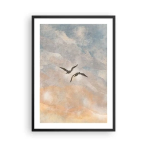Poster in een zwarte lijst - Twee vogels vliegen tegen de lucht, in delicate tinten blauw en oranje. - 50x70cm - Hemeldans - Moderne wanddecoratie voor woonkamer en slaapkamer ARTTOR