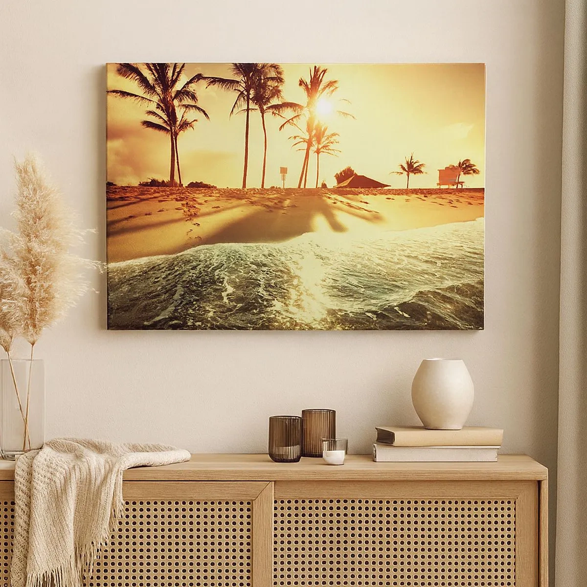 Schilderen op canvas - Een strand met palmbomen verlicht door een warme zonsondergang - 70x50cm - Californië middag - Moderne wanddecoratie voor woonkamer en slaapkamer ARTTOR
