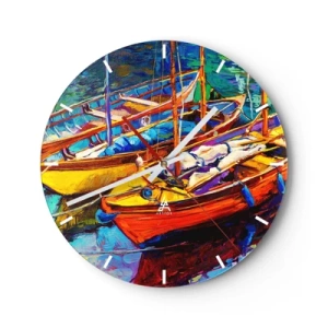 Wandklok - Klok - Kleurrijke boten in de haven - 30x30cm - Op water vol met kleuren - Moderne wanddecoratie voor woonkamer, keuken en slaapkamer ARTTOR