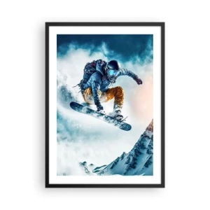 Poster in een zwarte lijst - Een snowboarder vliegt over een met sneeuw bedekte bergtop - 50x70cm - Extreme emoties - Moderne wanddecoratie voor woonkamer en slaapkamer ARTTOR
