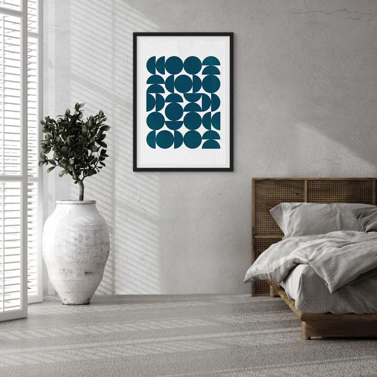 Poster in een zwarte lijst - Geometrische compositie met blauwe cirkels - 50x70cm - Cirkels en halfcirkels - Moderne wanddecoratie voor woonkamer en slaapkamer ARTTOR