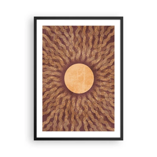 Poster in een zwarte lijst - Gestileerde zon met stralen in tinten goud en bruin - 50x70cm - Zon icoon - Moderne wanddecoratie voor woonkamer en slaapkamer ARTTOR
