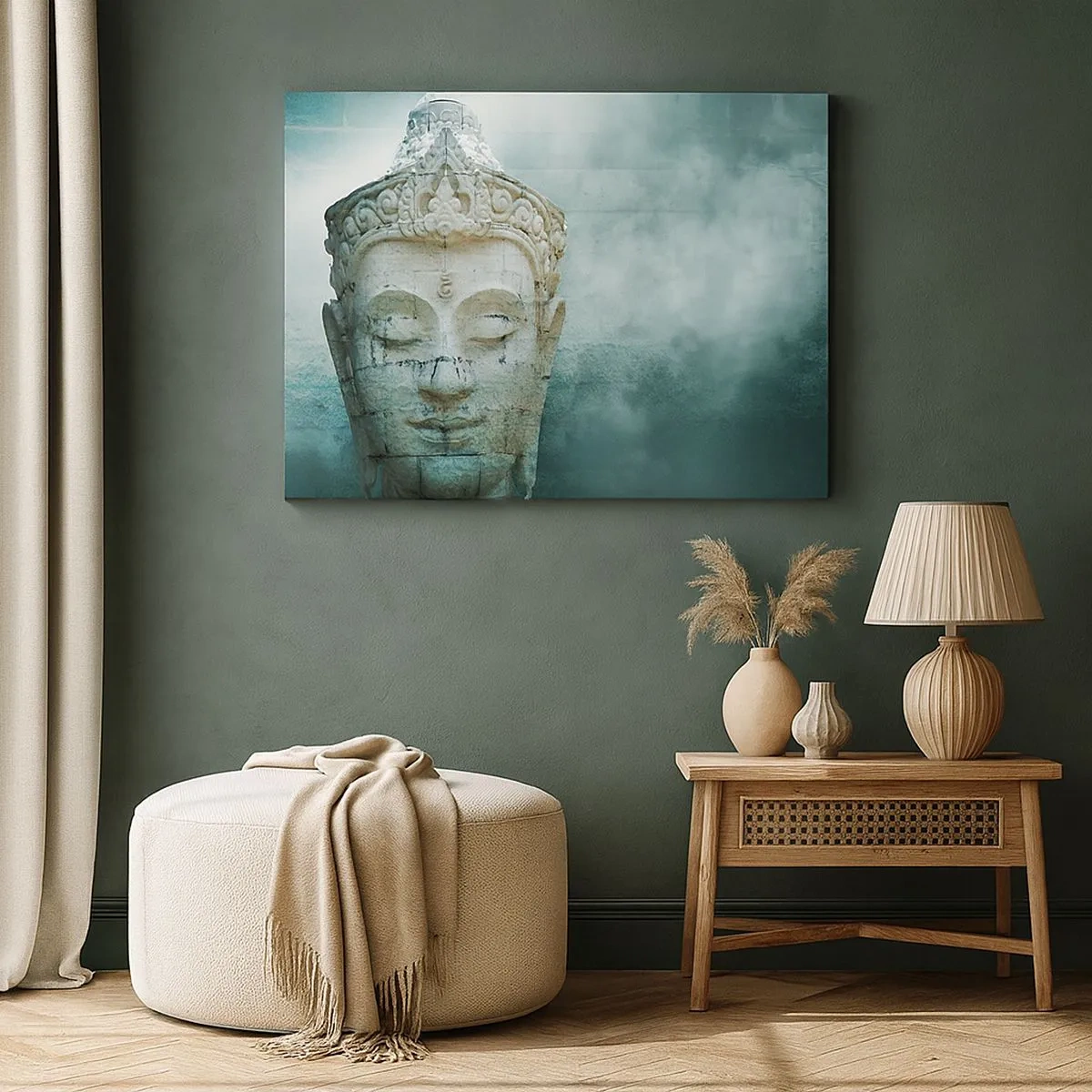 Schilderen op canvas - Boeddhabeeld met een zachte mist tegen een groene achtergrond - 70x50cm - Op zoek naar het licht - Moderne wanddecoratie voor woonkamer en slaapkamer ARTTOR