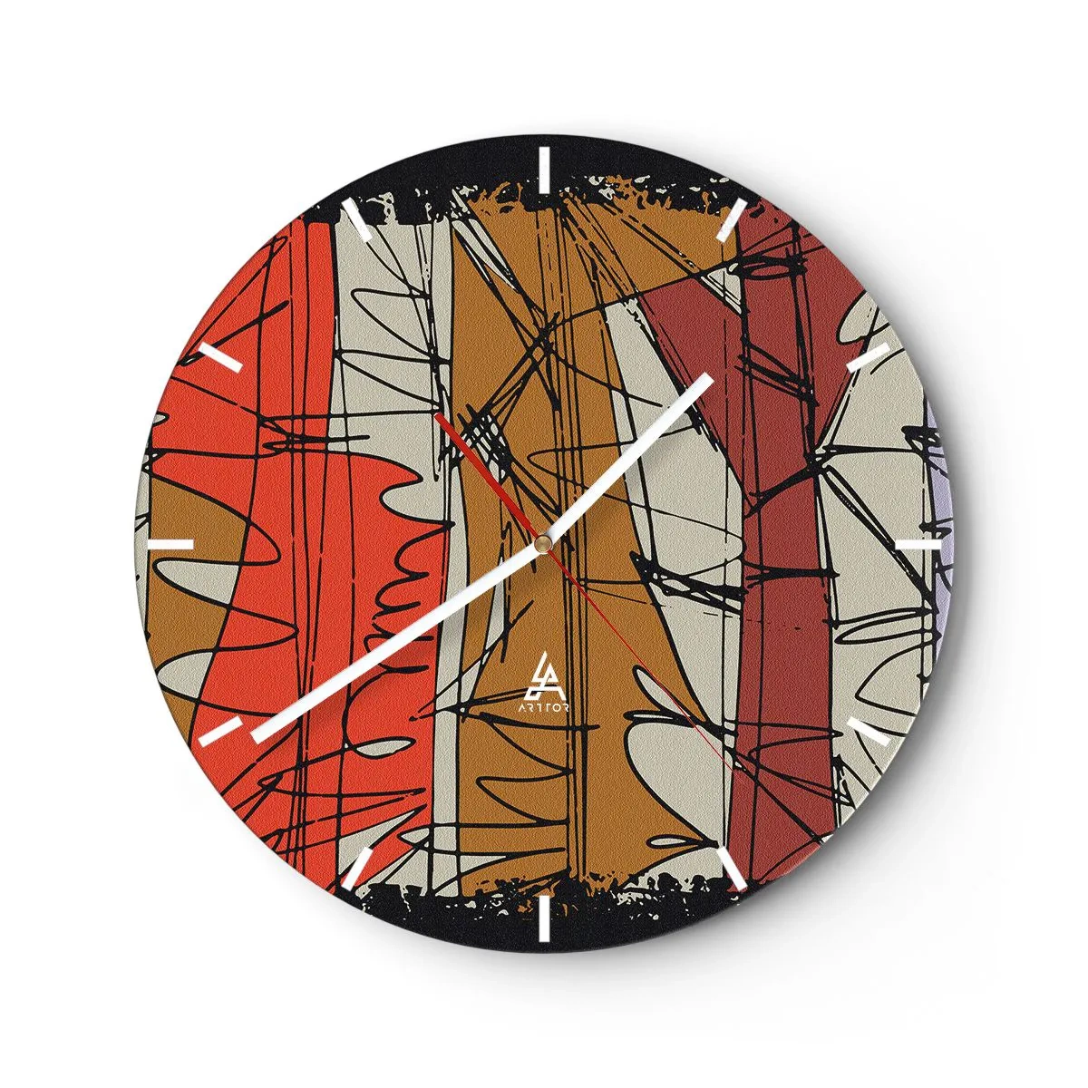 Wandklok - Klok - Abstracte lijnen en vlekken in een warm kleurenpalet - 30x30cm - Spontane compositie - Moderne wanddecoratie voor woonkamer, keuken en slaapkamer ARTTOR