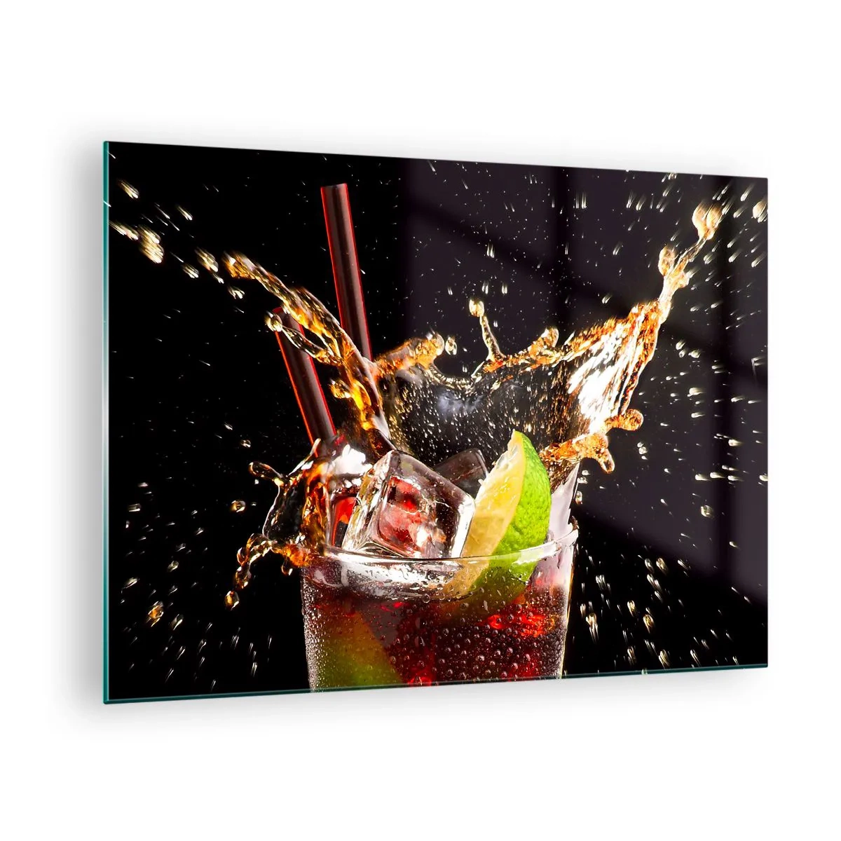 Schilderen op glas - Een glas drank met limoen en een scheutje op een zwarte achtergrond - 70x50cm - Vreugde en energie van kleuren - Moderne wanddecoratie voor woonkamer en slaapkamer ARTTOR