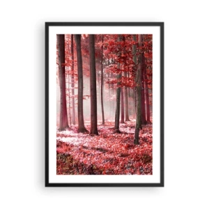 Poster in een zwarte lijst - Een bos met rode bladeren en mist in de ochtend - 50x70cm - Rood is net zo mooi - Moderne wanddecoratie voor woonkamer en slaapkamer ARTTOR