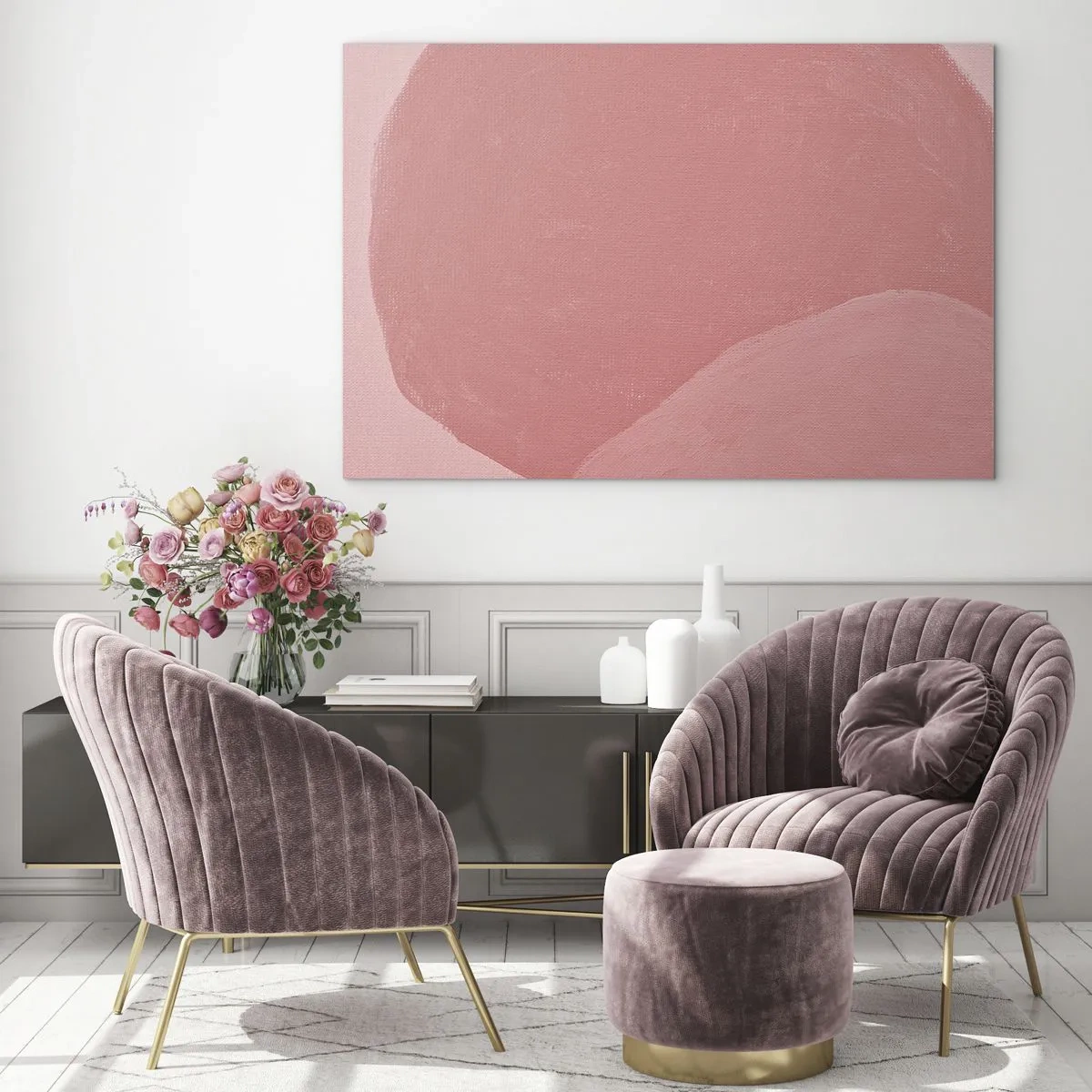 Schilderen op glas - Een abstracte vorm in tinten roze en pastelkleuren. - 70x50cm - Organische compositie in roze - Moderne wanddecoratie voor woonkamer en slaapkamer ARTTOR