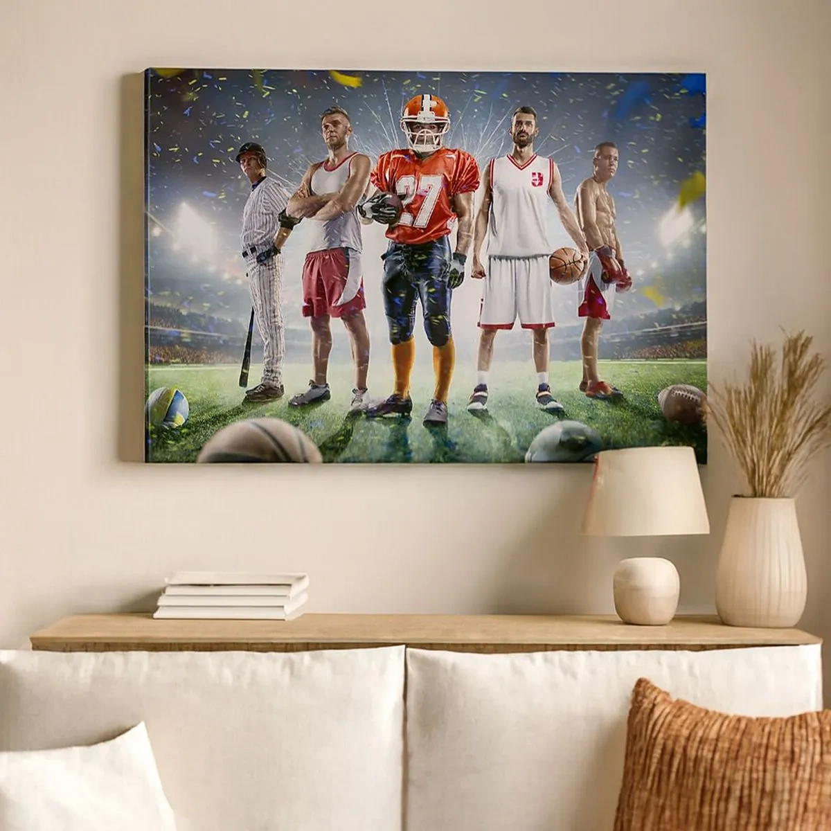 Schilderen op canvas - Een dynamische scène van atleten van verschillende disciplines in het stadion onder de schijnwerpers - 70x50cm - Veldgladiatoren - Moderne wanddecoratie voor woonkamer en slaapkamer ARTTOR