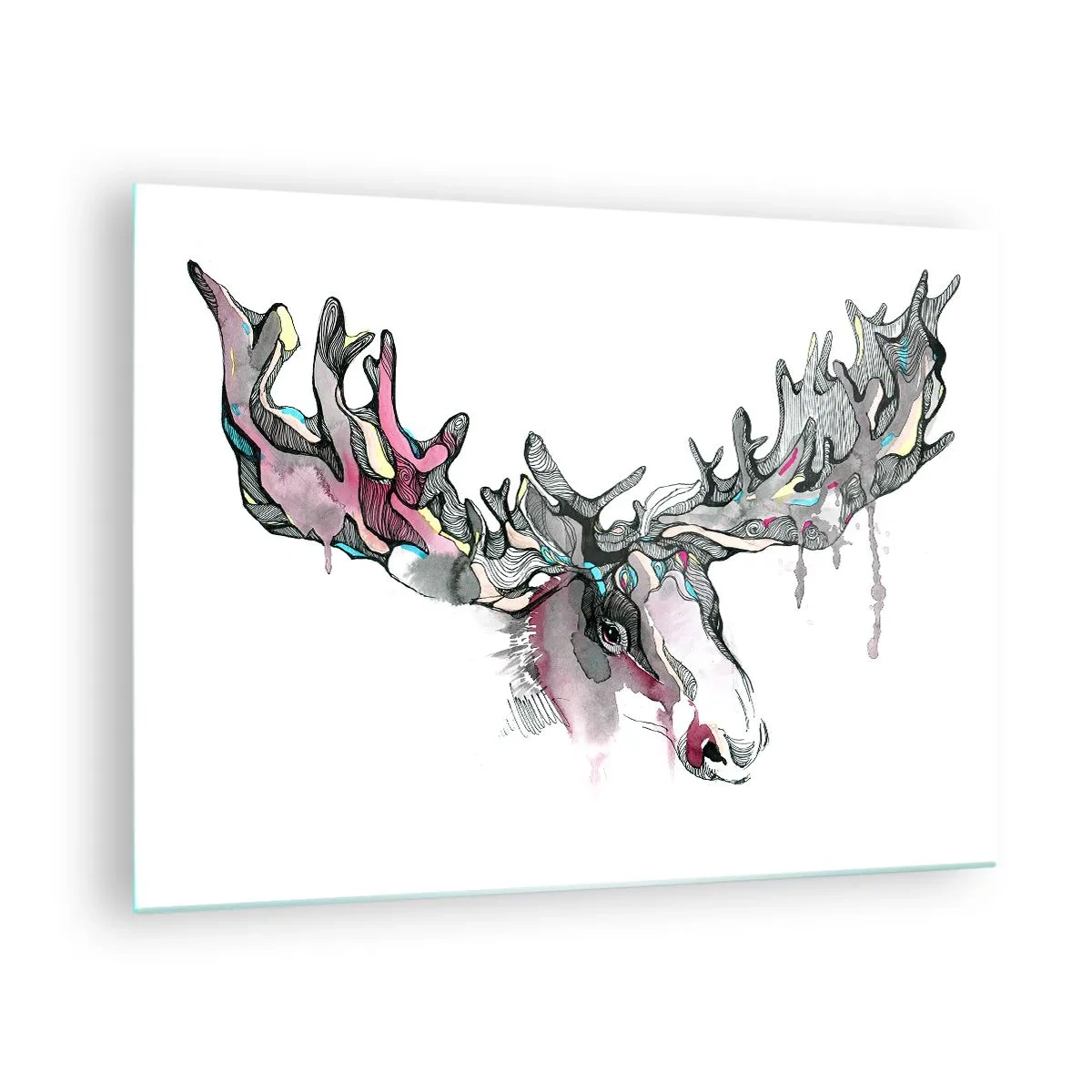 Schilderen op glas - Kleurrijke aquarel van een eland met grote geweien - 70x50cm - Kroon van de boskoning - Moderne wanddecoratie voor woonkamer en slaapkamer ARTTOR