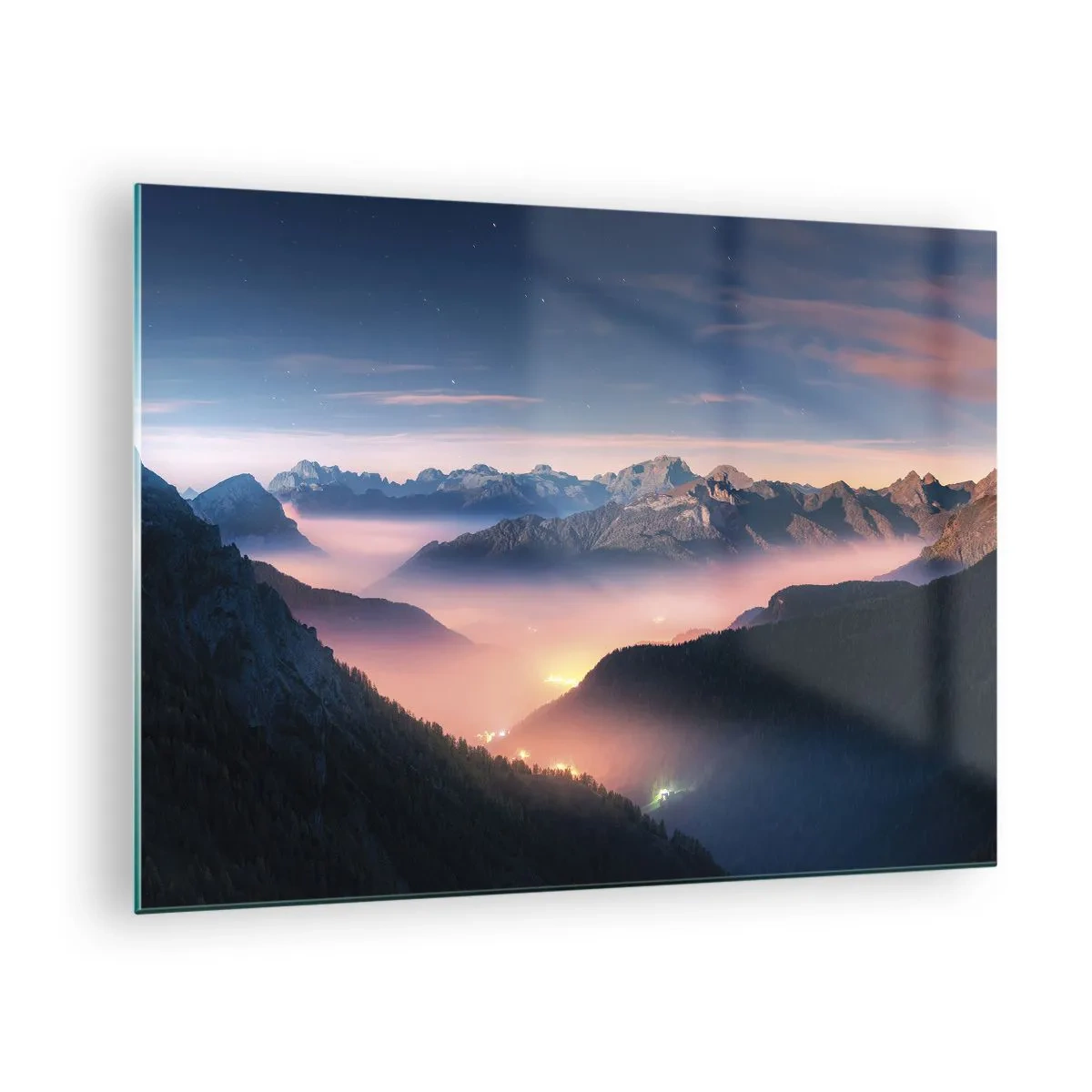 Schilderen op glas - Berglandschap bij zonsondergang met mist in de vallei - 70x50cm - Licht in de dalen - Moderne wanddecoratie voor woonkamer en slaapkamer ARTTOR
