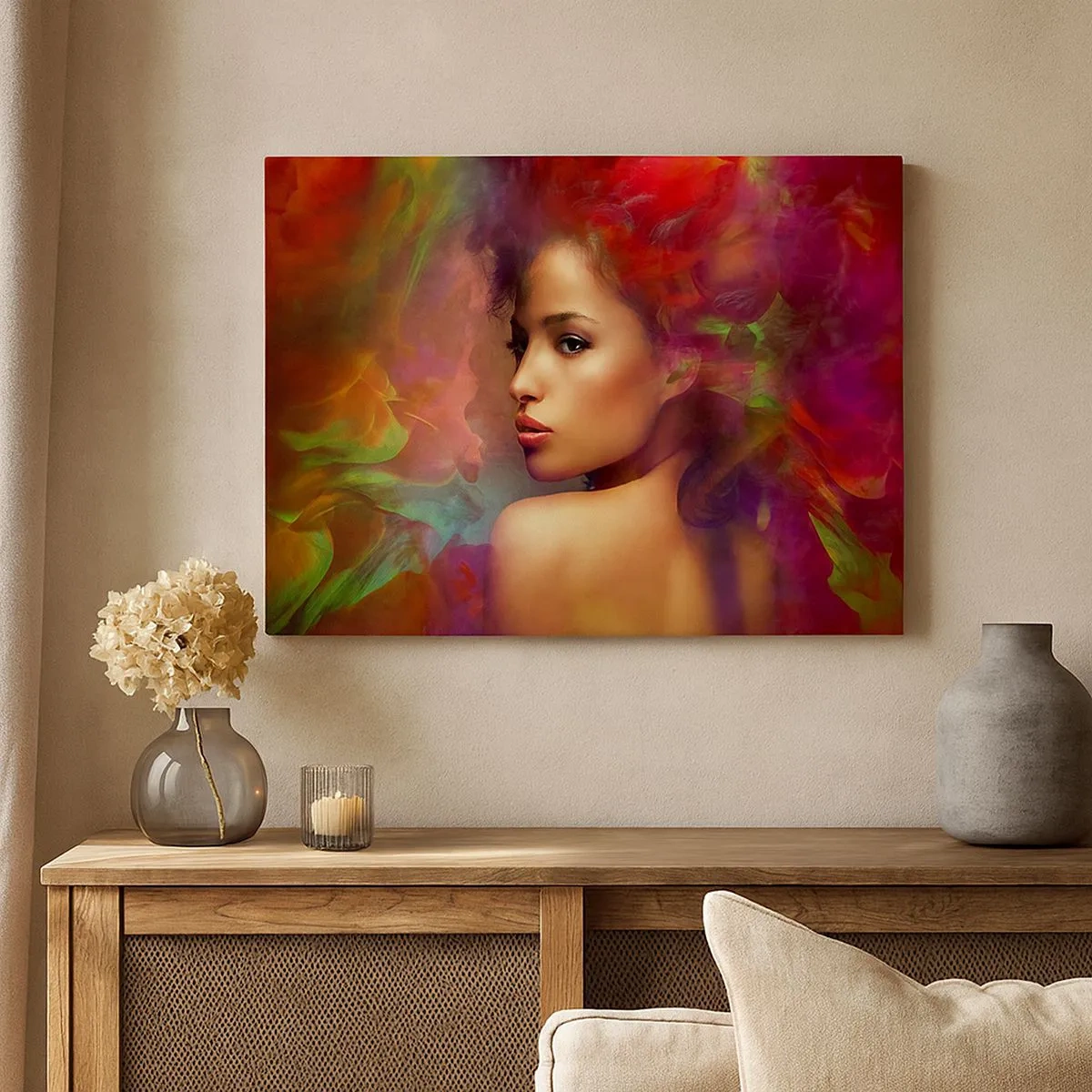 Schilderen op canvas - Een vrouw met kleurrijke reflecties die een abstracte achtergrond creëren - 70x50cm - Mooier dan een regenboog, zo delicaat als een mist - Moderne wanddecoratie voor woonkamer en slaapkamer ARTTOR