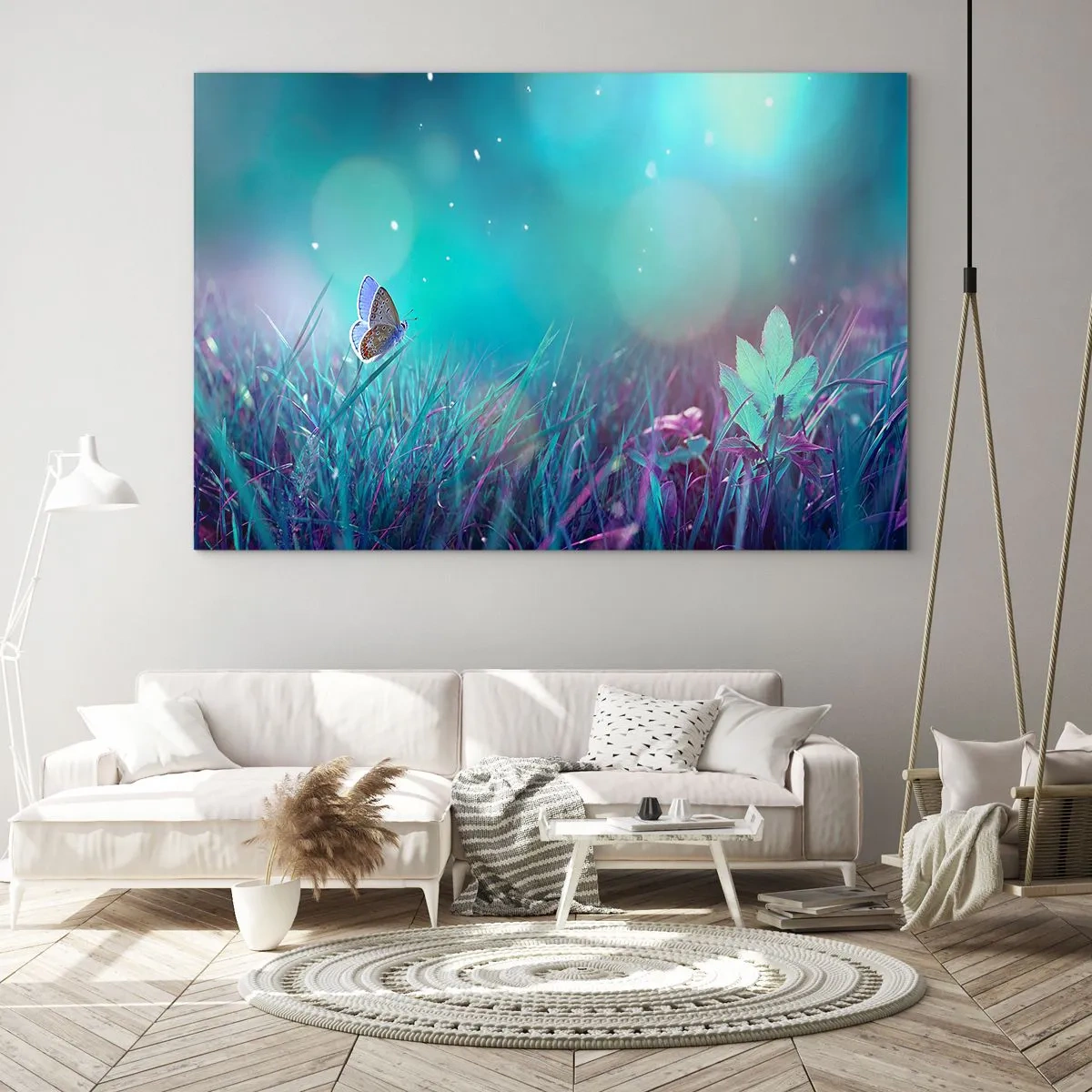 Schilderen op glas - Vlinder op het gras in pastellicht - 70x50cm - Het geheime leven van de weide - Moderne wanddecoratie voor woonkamer en slaapkamer ARTTOR