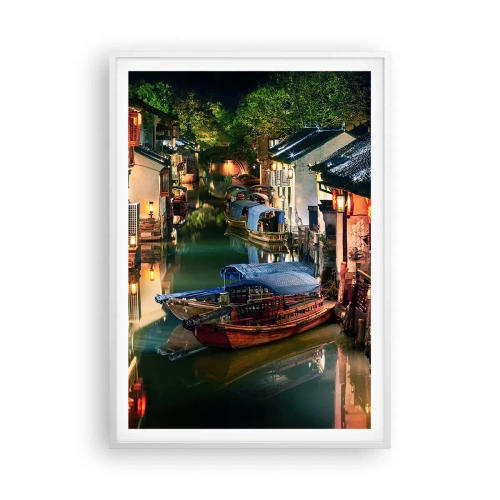 Poster in een witte lijst - Een avond op een Chinese straat - 70x100 cm