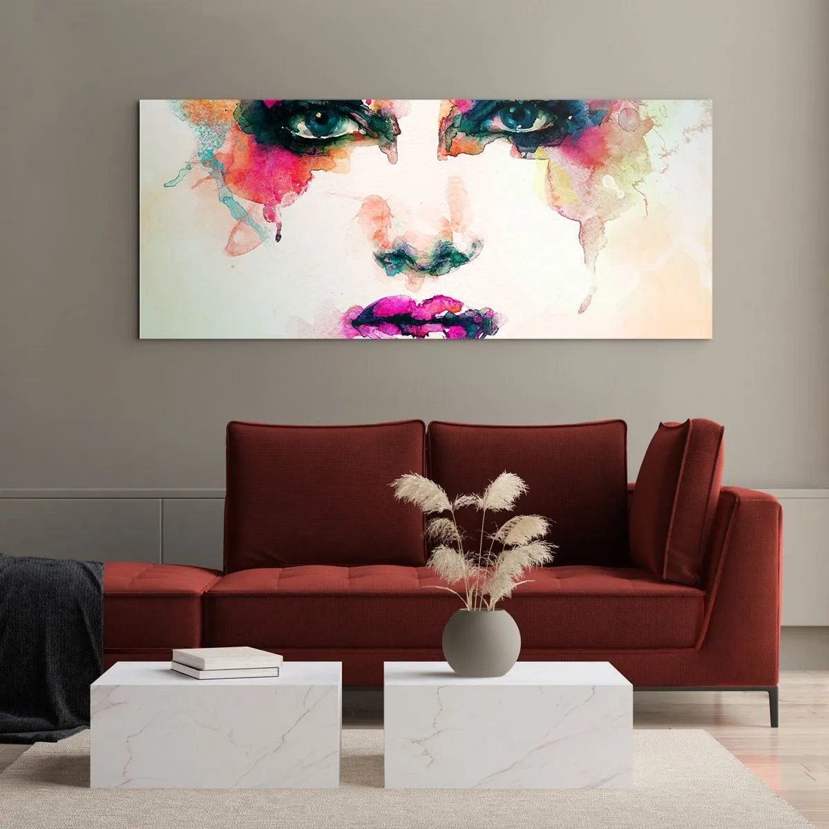Schilderen op glas - Een portret geschilderd met een regenboog - 160x50 cm