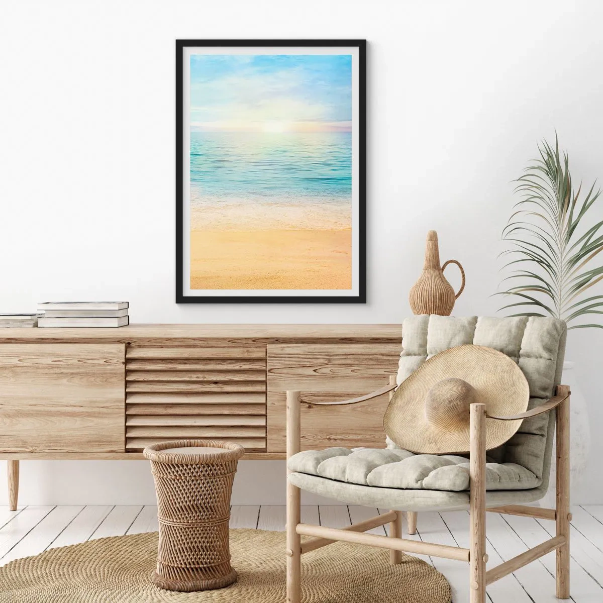 Poster in een zwarte lijst - Rustig uitzicht op het strand en de zee bij zonsopgang - 50x70cm - Groot blauw - Moderne wanddecoratie voor woonkamer en slaapkamer ARTTOR