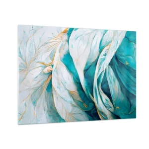 Schilderen op glas - Organische abstractie in blauwe en gouden lijnen - 70x50cm - Blauwe abstractie met een gouden motief - Moderne wanddecoratie voor woonkamer en slaapkamer ARTTOR