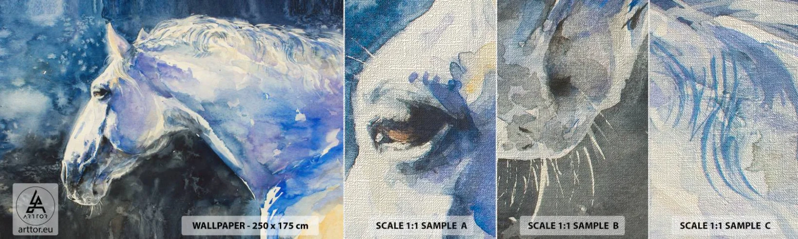 Fotobehang Monster Premium Canvas - Portret in een blauwe gloed - Paard, Schilderen, Dieren - 100x30 cm