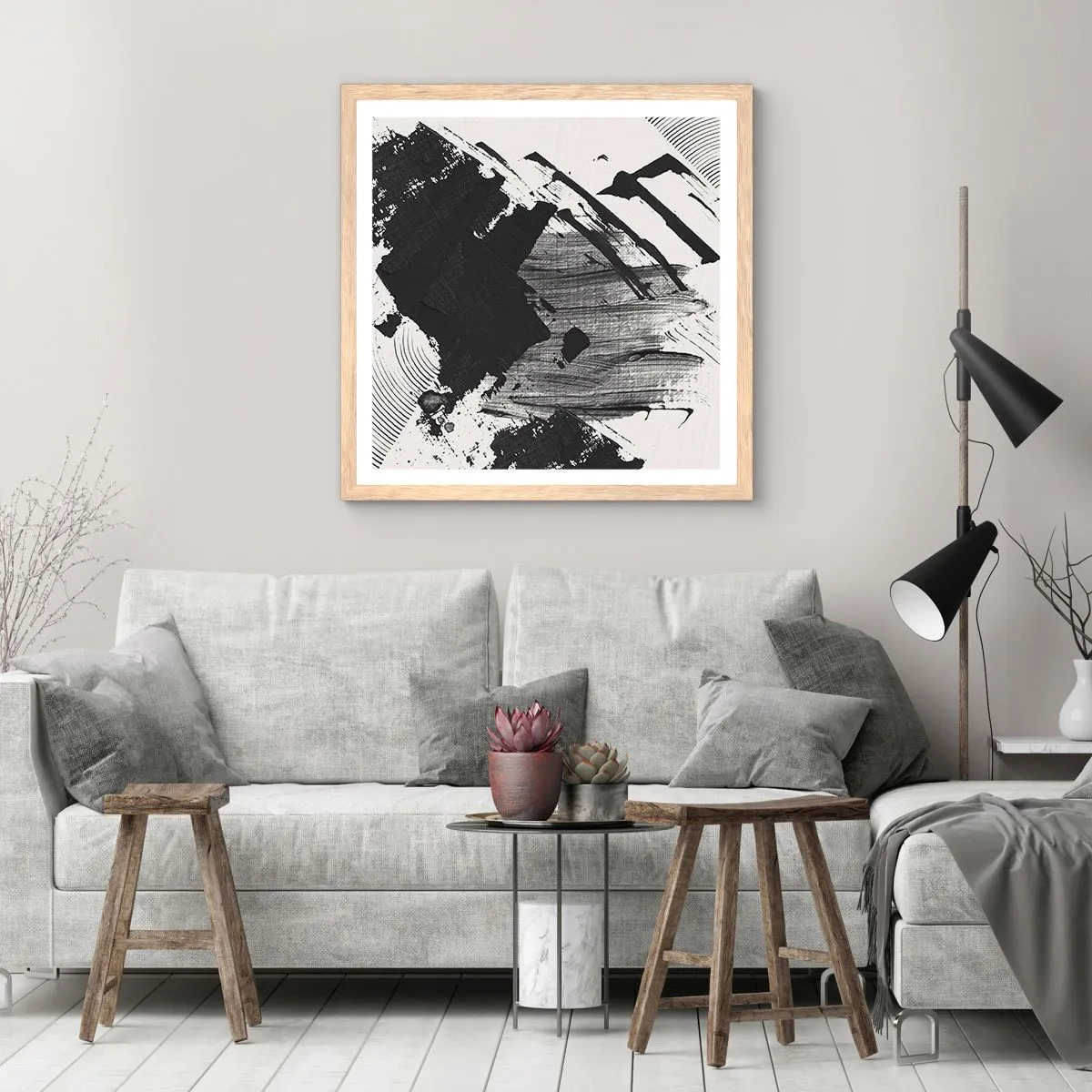 Een poster in een licht eiken lijst - Abstractie – expressie van zwart - 60x60 cm