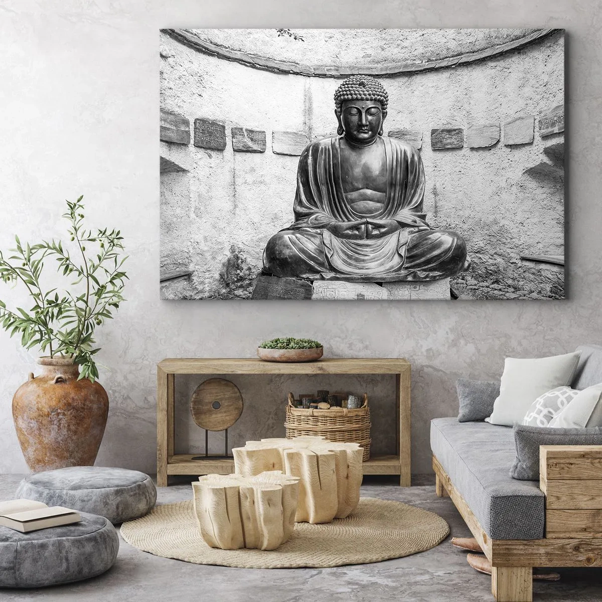 Schilderen op canvas - Zwart-wit Boeddhabeeld in een meditatieve houding - 70x50cm - Aan de bron van vrede - Moderne wanddecoratie voor woonkamer en slaapkamer ARTTOR