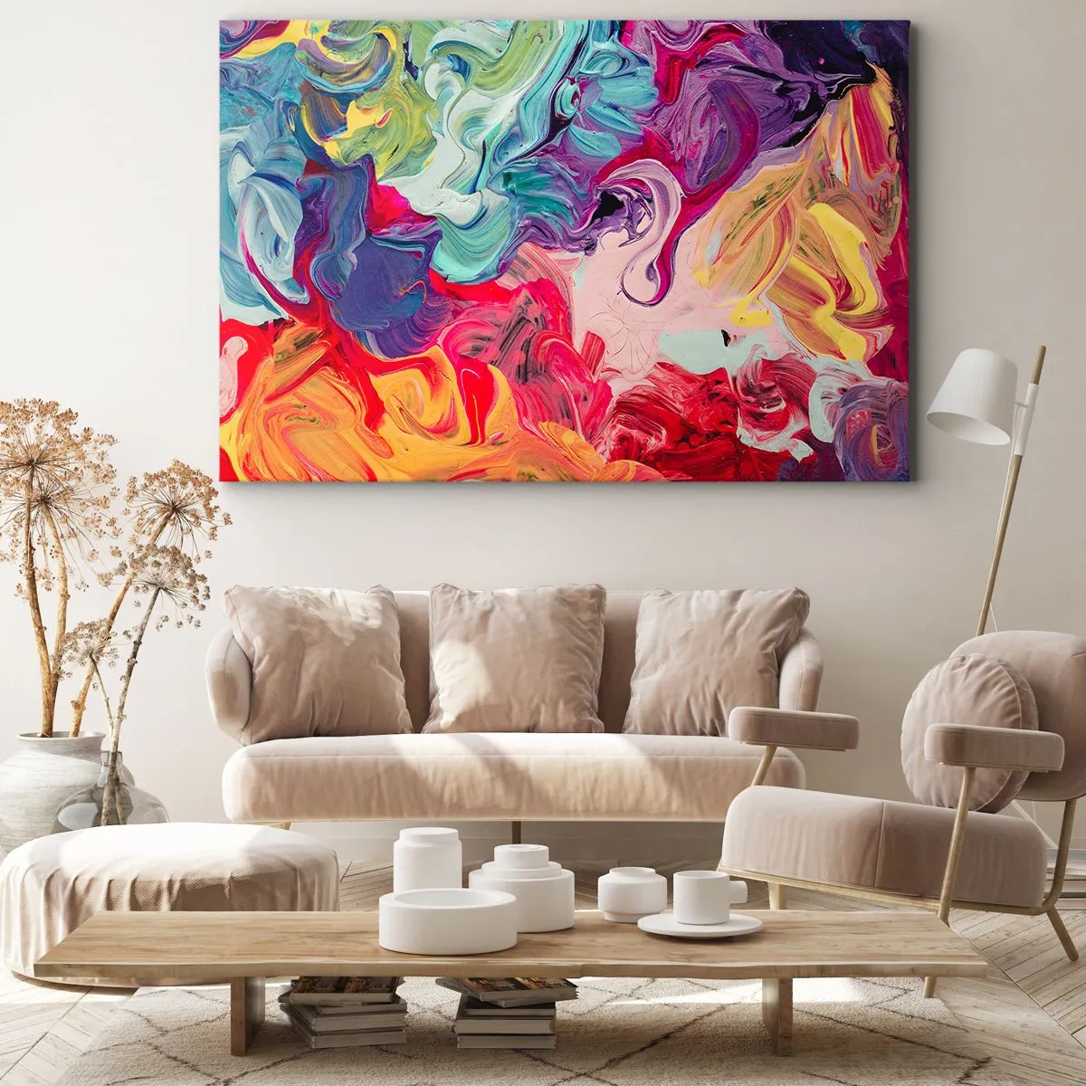 Schilderen op canvas - Een abstracte compositie met levendige, wervelende kleuren en een dynamische structuur. - 70x50cm - De geboorte van kleuren - Moderne wanddecoratie voor woonkamer en slaapkamer ARTTOR