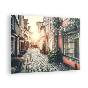 Schilderen op glas - Een charmante straat met huurkazernes verlicht door de zonsondergang - 70x50cm - Rozensteeg in roze gloed - Moderne wanddecoratie voor woonkamer en slaapkamer ARTTOR