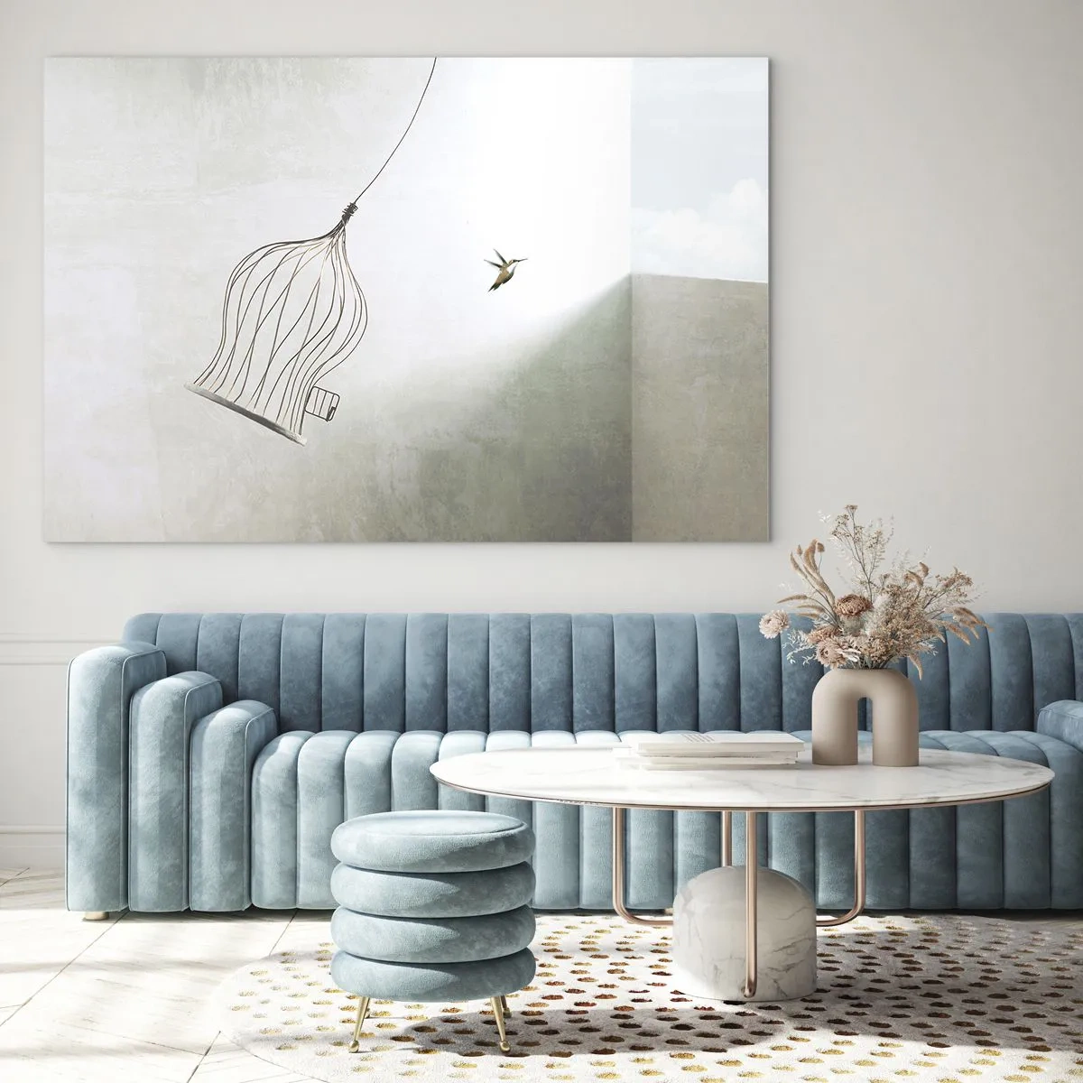 Schilderen op glas - Een open kooi en een kolibrie die in het daglicht wegvliegt - 70x50cm - In je element - Moderne wanddecoratie voor woonkamer en slaapkamer ARTTOR